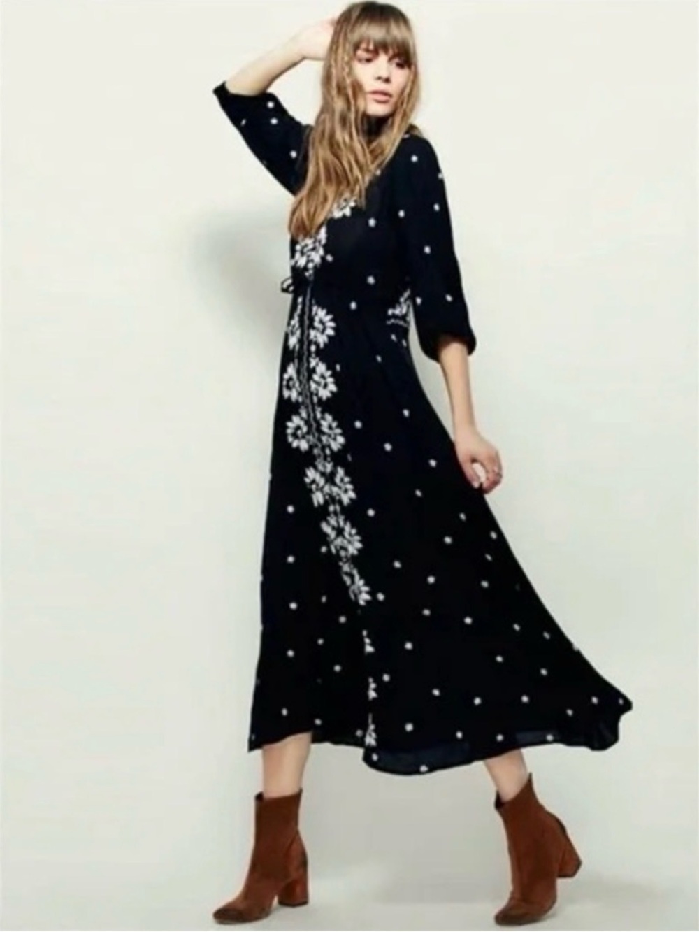 Free People Black Embroidered Maxi Dress with White Floral Detail - Picture 3 of 7